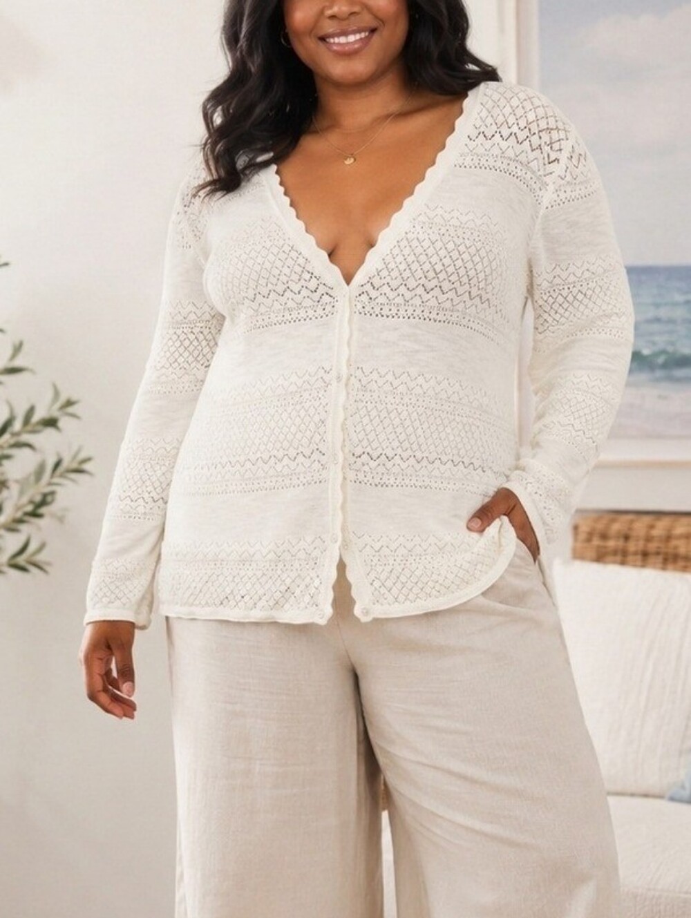 Frye Ivory Pointelle Cotton Cardigan Sweater Scalloped Hem Button Up XL - Picture 4 of 11